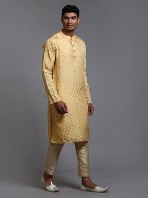 Men'S Yellow And Gold Silk Blend Kurta Pyjama Set 2