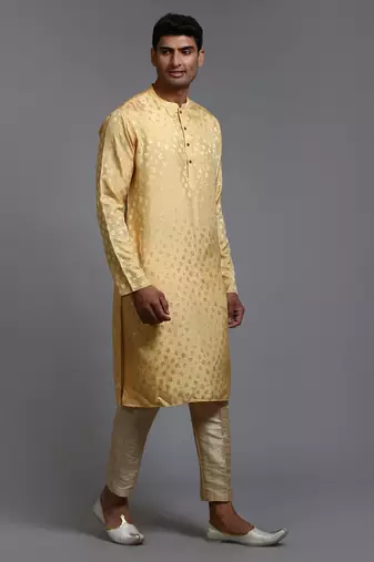 Men'S Yellow And Gold Silk Blend Kurta Pyjama Set