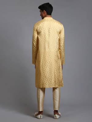 Men'S Yellow And Gold Silk Blend Kurta Pyjama Set 3