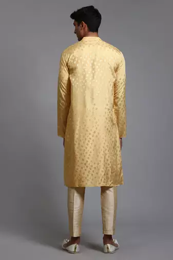 Men'S Yellow And Gold Silk Blend Kurta Pyjama Set