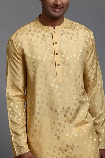 Men'S Yellow And Gold Silk Blend Kurta Pyjama Set