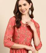 women's round neck ethnic motifs foil print coral anarkali kurta and trouser