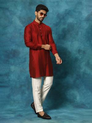 Maroon And Cream Viscose Kurta Pyjama Set 1
