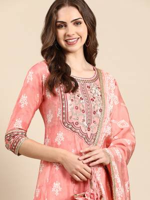 women's round neck ethnic motifs foil print peach anarkali kurta and trouser with dupatta 1