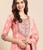 women's round neck ethnic motifs foil print peach anarkali kurta and trouser with dupatta