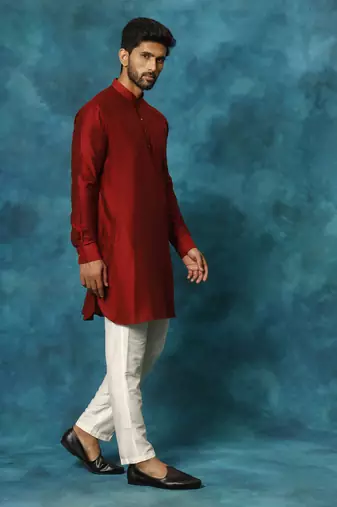 Maroon And Cream Viscose Kurta Pyjama Set