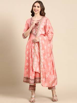 women's round neck ethnic motifs foil print peach anarkali kurta and trouser with dupatta 2
