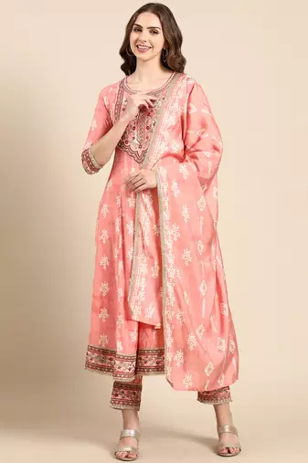women's round neck ethnic motifs foil print peach anarkali kurta and trouser with dupatta