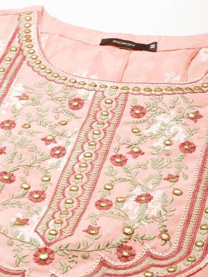 women's round neck ethnic motifs foil print peach anarkali kurta and trouser with dupatta 3
