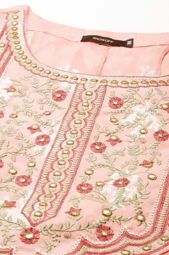 women's round neck ethnic motifs foil print peach anarkali kurta and trouser with dupatta