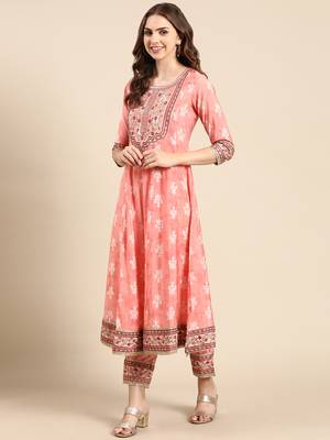 women's round neck ethnic motifs foil print peach anarkali kurta and trouser with dupatta 4