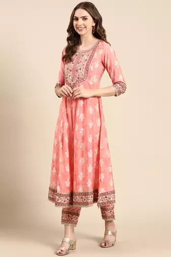 women's round neck ethnic motifs foil print peach anarkali kurta and trouser with dupatta