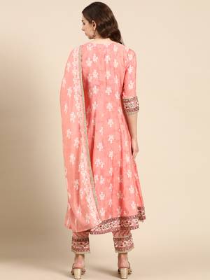 women's round neck ethnic motifs foil print peach anarkali kurta and trouser with dupatta 5