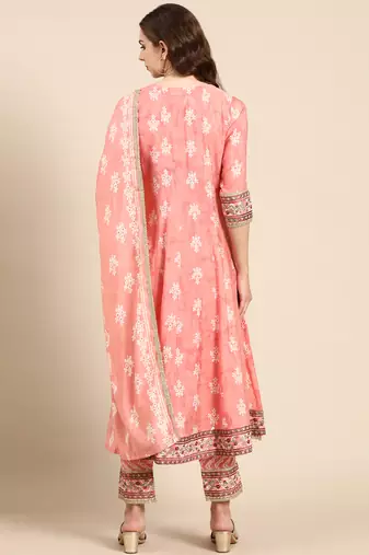 women's round neck ethnic motifs foil print peach anarkali kurta and trouser with dupatta