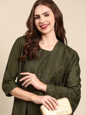 women's round neck woven design olive straight kurta and palazzos with dupatta 1