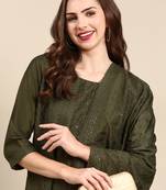 women's round neck woven design olive straight kurta and palazzos with dupatta