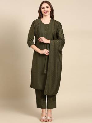 women's round neck woven design olive straight kurta and palazzos with dupatta 2