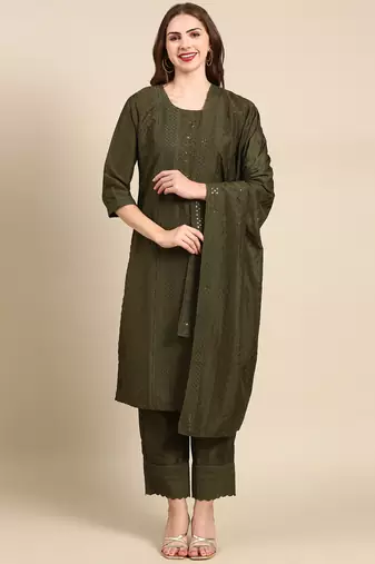 women's round neck woven design olive straight kurta and palazzos with dupatta