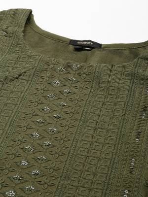 women's round neck woven design olive straight kurta and palazzos with dupatta 3