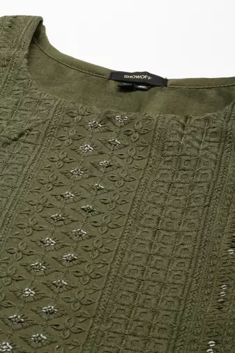 women's round neck woven design olive straight kurta and palazzos with dupatta