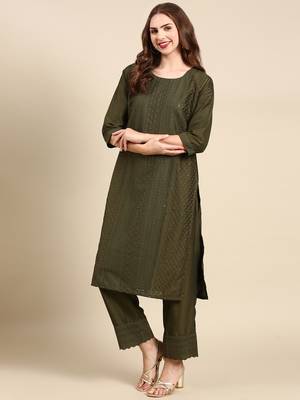 women's round neck woven design olive straight kurta and palazzos with dupatta 4