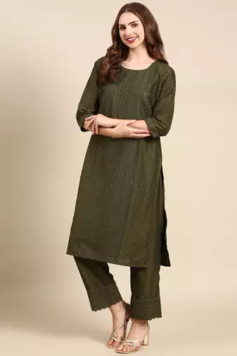 women's round neck woven design olive straight kurta and palazzos with dupatta