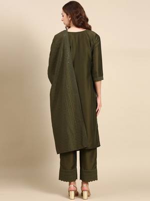 women's round neck woven design olive straight kurta and palazzos with dupatta 5