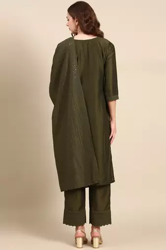 women's round neck woven design olive straight kurta and palazzos with dupatta