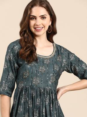 women's round neck floral foil print teal anarkali kurta and trouser 1