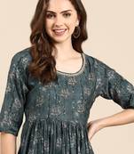 women's round neck floral foil print teal anarkali kurta and trouser