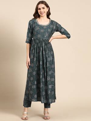 women's round neck floral foil print teal anarkali kurta and trouser 2