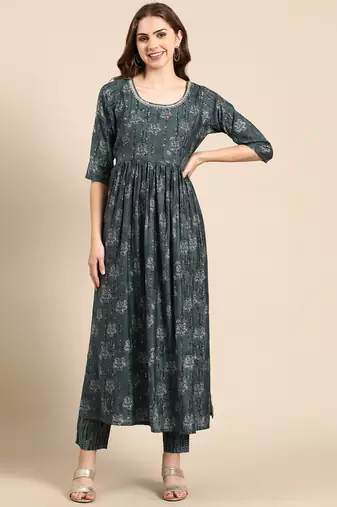 women's round neck floral foil print teal anarkali kurta and trouser