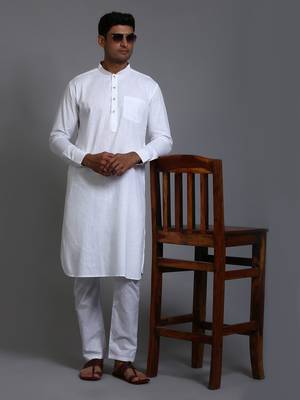 White Cotton Linen Kurta Pyjama Set 1