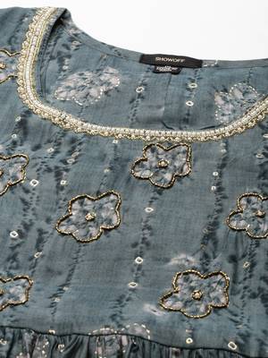women's round neck floral foil print teal anarkali kurta and trouser 3