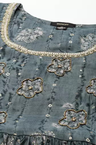 women's round neck floral foil print teal anarkali kurta and trouser