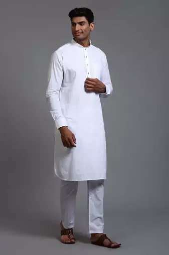 White Cotton Linen Kurta Pyjama Set