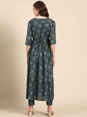 women's round neck floral foil print teal anarkali kurta and trouser 4