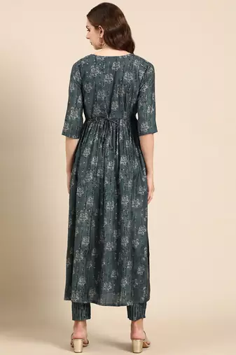 women's round neck floral foil print teal anarkali kurta and trouser