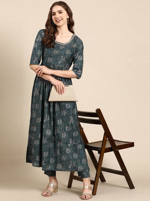 women's round neck floral foil print teal anarkali kurta and trouser 5