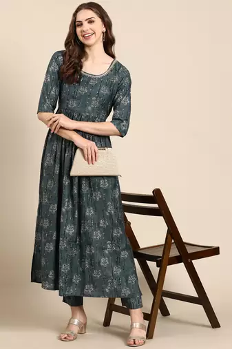 women's round neck floral foil print teal anarkali kurta and trouser