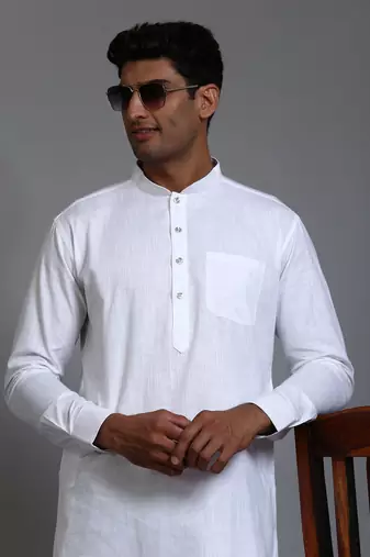 White Cotton Linen Kurta Pyjama Set