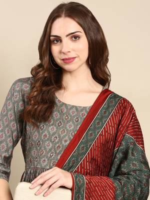 women's round neck ethnic motifs foil print green anarkali kurta and trouser with dupatta 1
