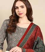 women's round neck ethnic motifs foil print green anarkali kurta and trouser with dupatta