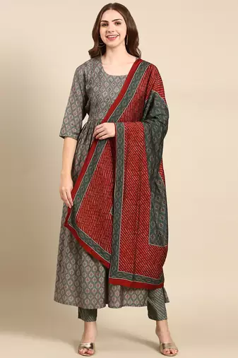 women's round neck ethnic motifs foil print green anarkali kurta and trouser with dupatta