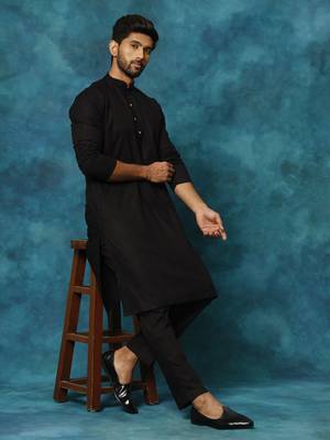 Black Cotton Blend Kurta Pyjama Set 1