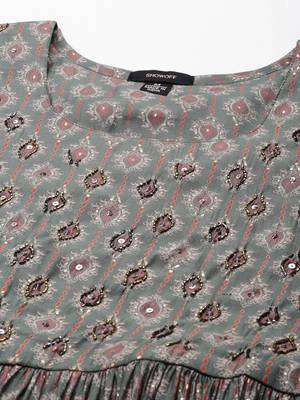 women's round neck ethnic motifs foil print green anarkali kurta and trouser with dupatta 3