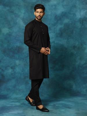 Black Cotton Blend Kurta Pyjama Set 2