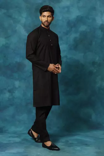 Black Cotton Blend Kurta Pyjama Set