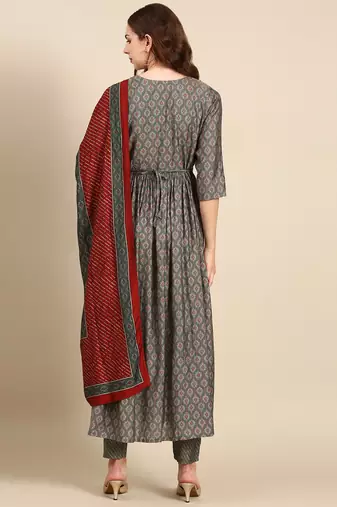 women's round neck ethnic motifs foil print green anarkali kurta and trouser with dupatta