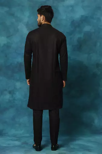 Black Cotton Blend Kurta Pyjama Set